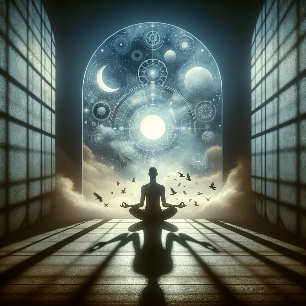 The image captures the essence of meditating on your shadow, set in a calming and focused atmosphere. It visually represents the process of connecting with deeper thoughts and emotions, highlighting the integration of the shadow self into conscious awareness through a serene and shadowy motif.