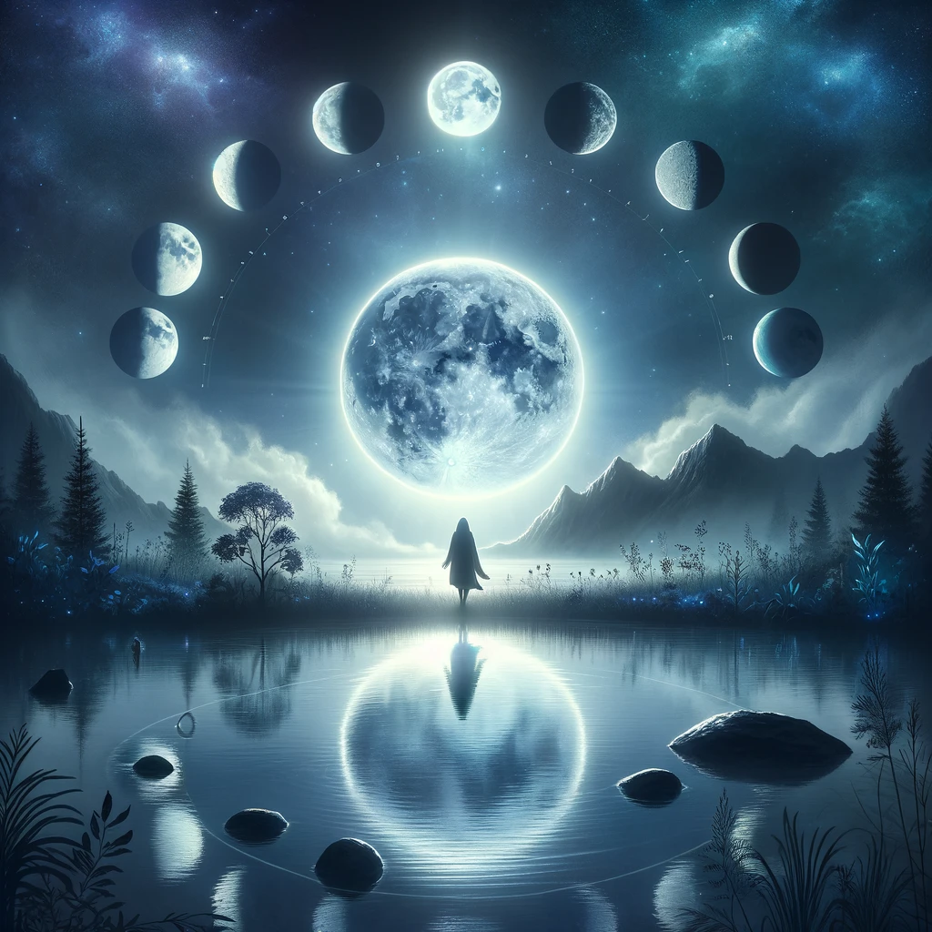 The image has been crafted to symbolize the practice of engaging in shadow work aligned with the moon phases, particularly highlighting the full moon's role in introspection and uncovering the shadow self. It embodies the serene and mystical energy of the moon, encouraging a deep exploration of one's inner world.