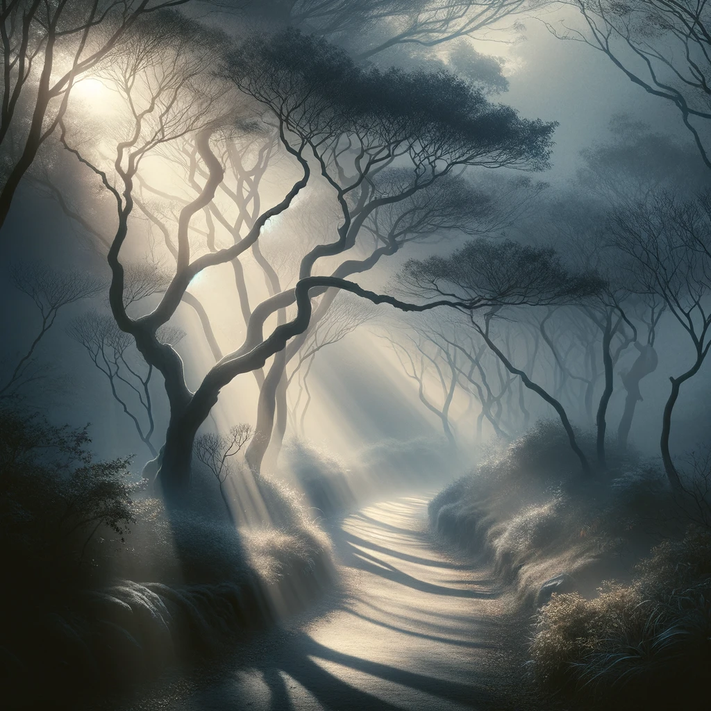 The image has been designed to reflect the theme of undertaking shadow work during significant life transitions. It conveys a journey through change, represented by a serene pathway through a misty forest at dawn, capturing the essence of navigating these shifts with grace and emerging with a deeper understanding of oneself.