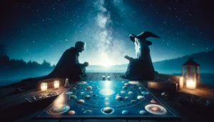 A wizard and a witch playing astrology games.