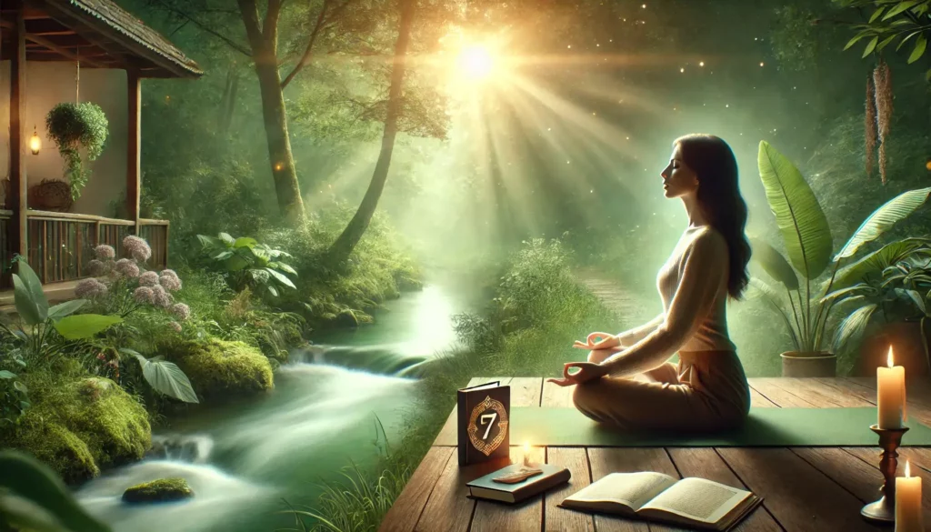 A lady with soul urge number 7 meditates at the edge of a lake, surrounded by books.