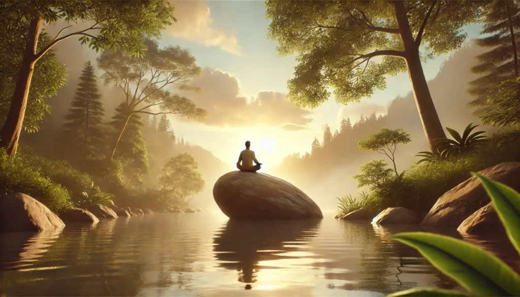 A person with hearts desire number 7 sits in nature, connecting with the trees and the water. they are meditating. 