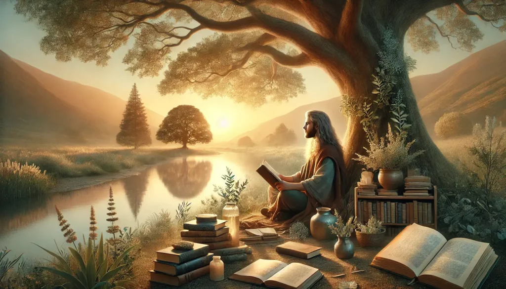 a man with soul urge number 7 sits under a tree at the side of a lake reading a book.