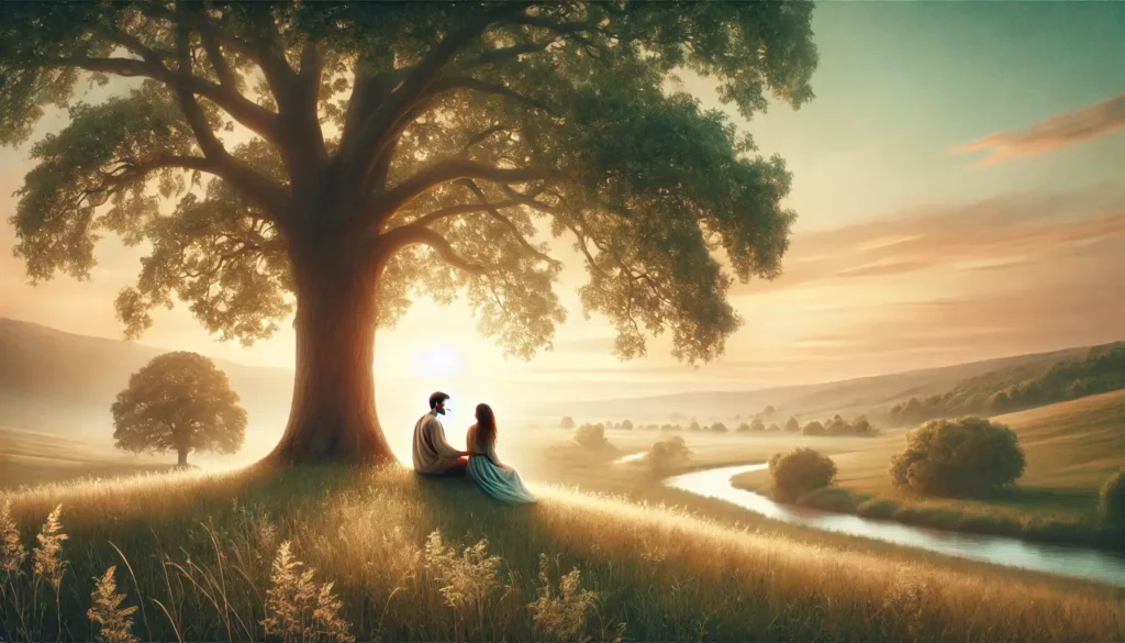 A couple with soul urge number 7 share a deep and meaningful relationship. They sit under a tree connecting on a spiritual level in nature.