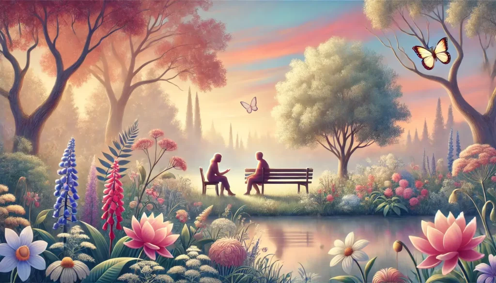 A person with the qualities of soul urge number 2 sitting at a bench in a garden with another person sharing a beautiful moment together. 