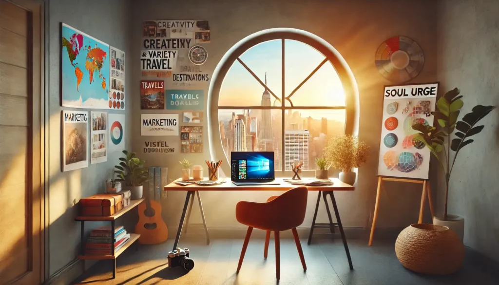 a soft and calming office space at sunrise, capturing the excitement, variety, and freedom characteristic of a career path suited for Soul Urge Number 5. The scene features elements symbolizing creativity and adventure, such as a desk with a laptop and travel magazines, a vision board with diverse goals, and a camera. 