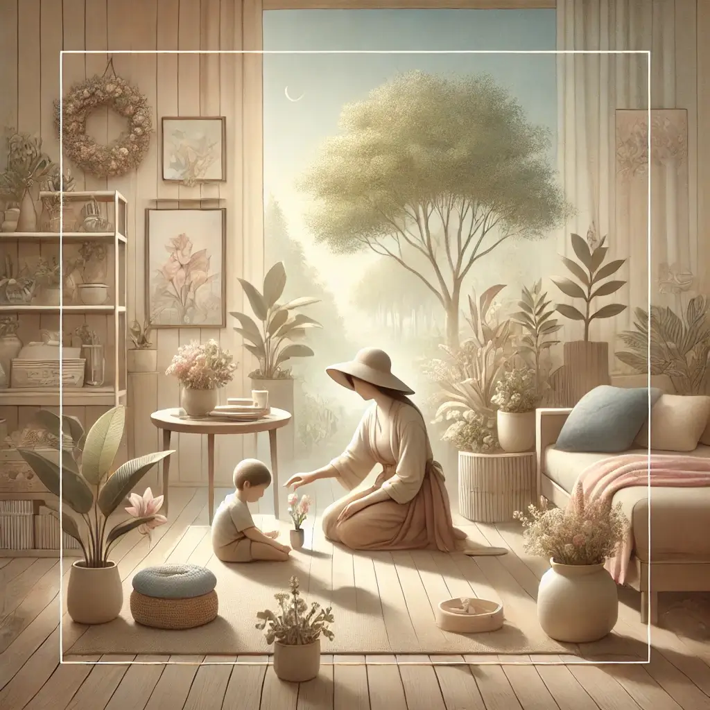 A mother plays with her young child in a serene setting. it's a soft and calming image that emphasizes the importance of nurturing relationships and creating a balanced, supportive environment for personal growth.