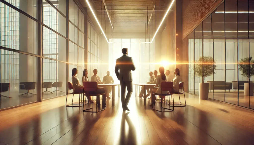 A person with soul urge number 1 displaying leadership qualities at work. they are standing in front of a group[ of executives talking about an innovative idea. 