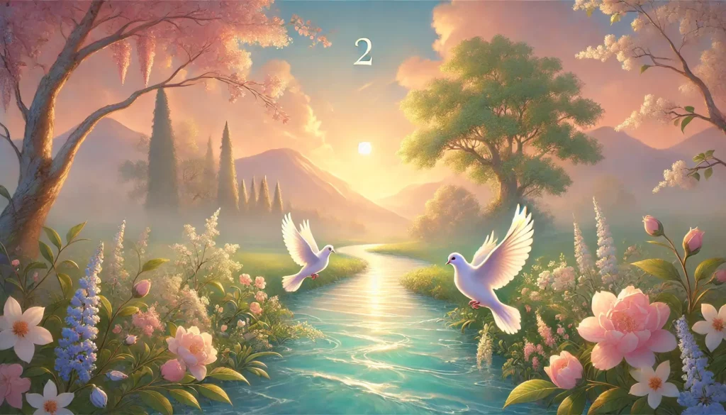 2 doves flying harmoniously together over a beautiful stream. The image represents the harmony of soul urge number 2.