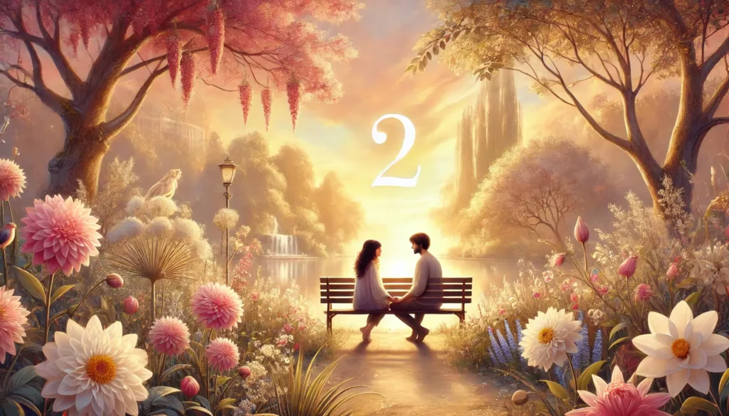 2 people in a loving relationship sitting on a bench in a tranquil garden full of flowers having a loving moment. the image represents the romantic qualities of a relationship with soul urge number 2. 