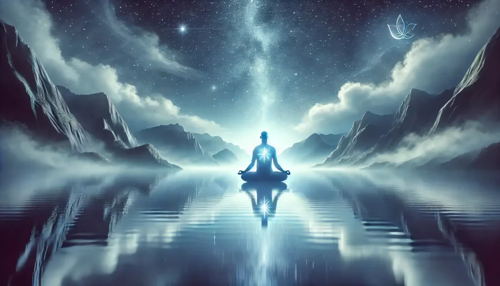 A person sits meditating in a tranquil setting; next to a lake under the nights starry sky.