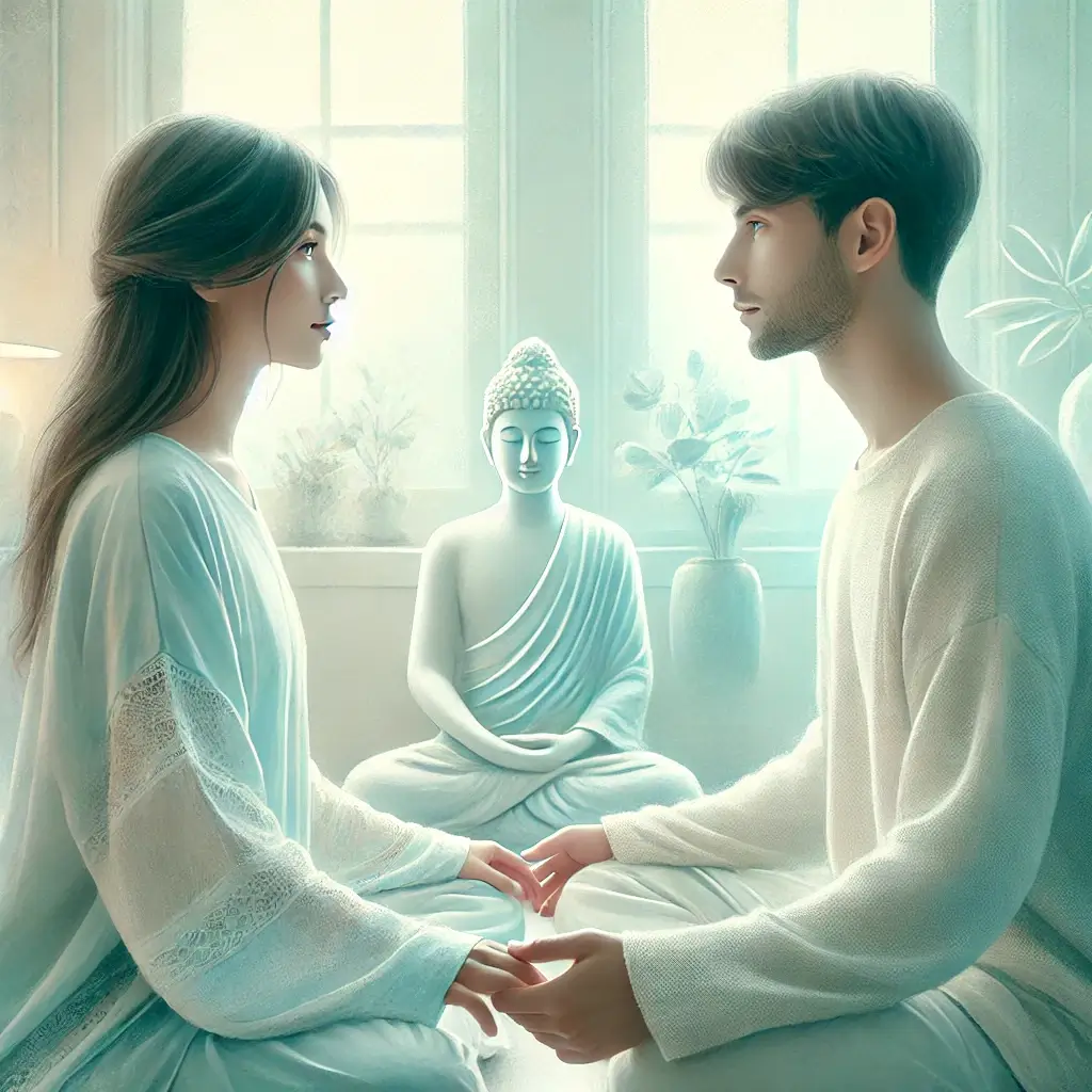 two people in a spiritual serene location are sitting opposite one another practicing eye gazing. 