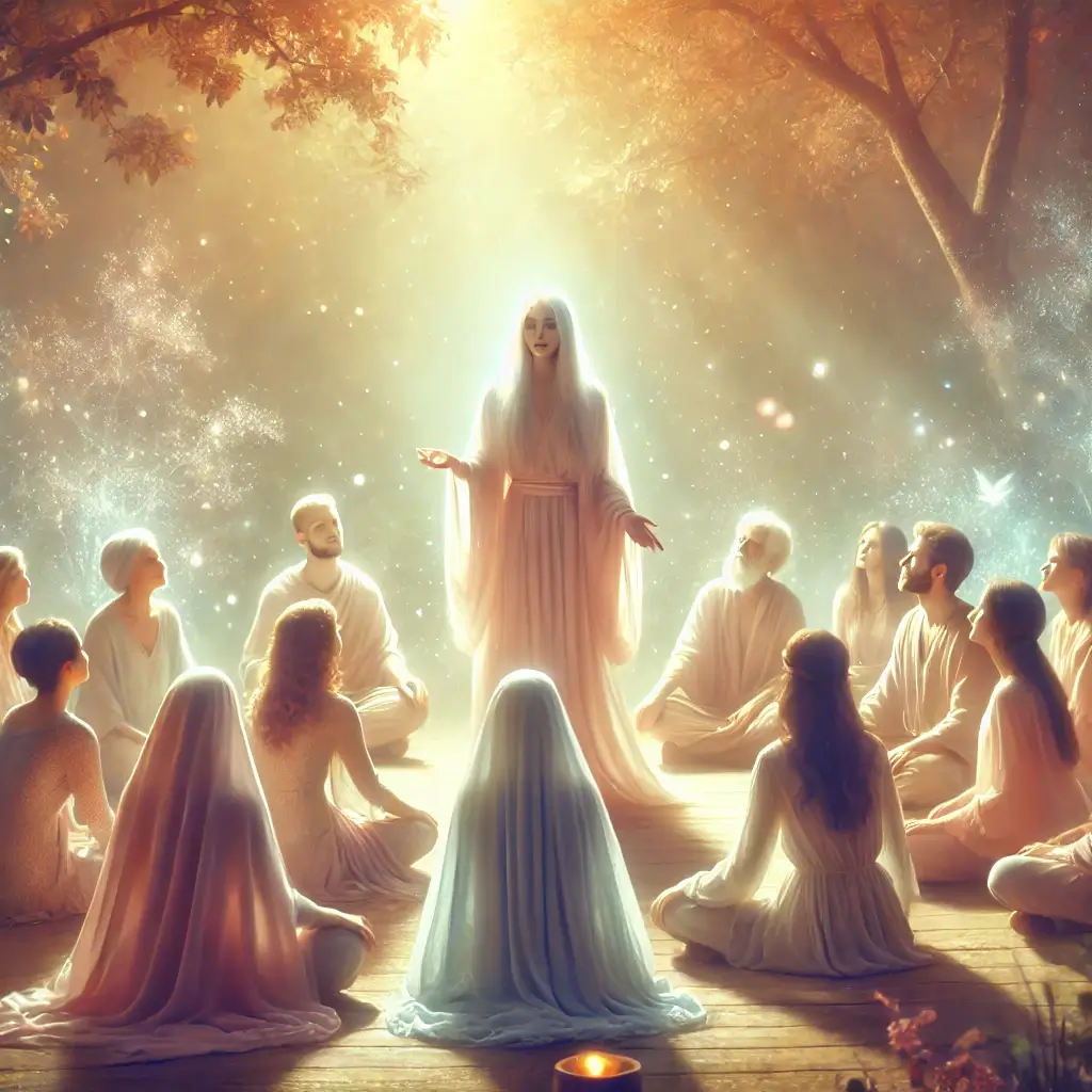 Destiny Number 33 master teacher, surrounded by spiritual seekers during a lesson on wisdom. 