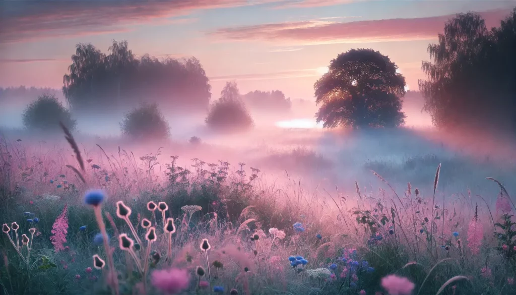 A field of flowers at dawn the atmosphere is serene calm and harmonious.