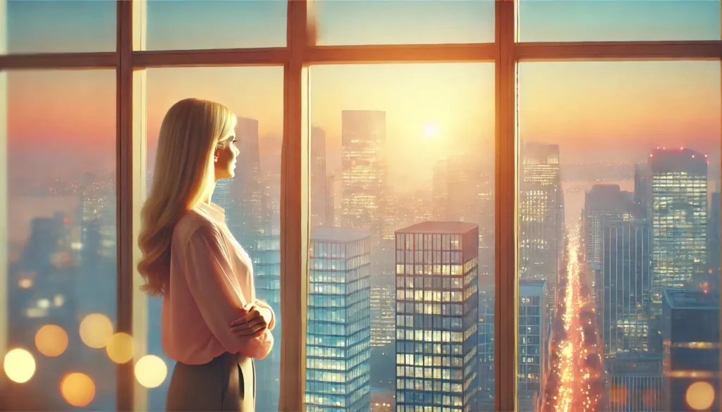 A business lady looks out of her office window across a city rich in abundance.