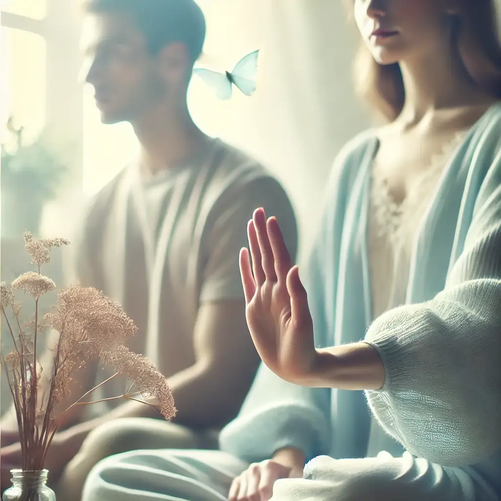 A person putting their hand out in a motion to say stop. there is a butterfly flying nearby. 