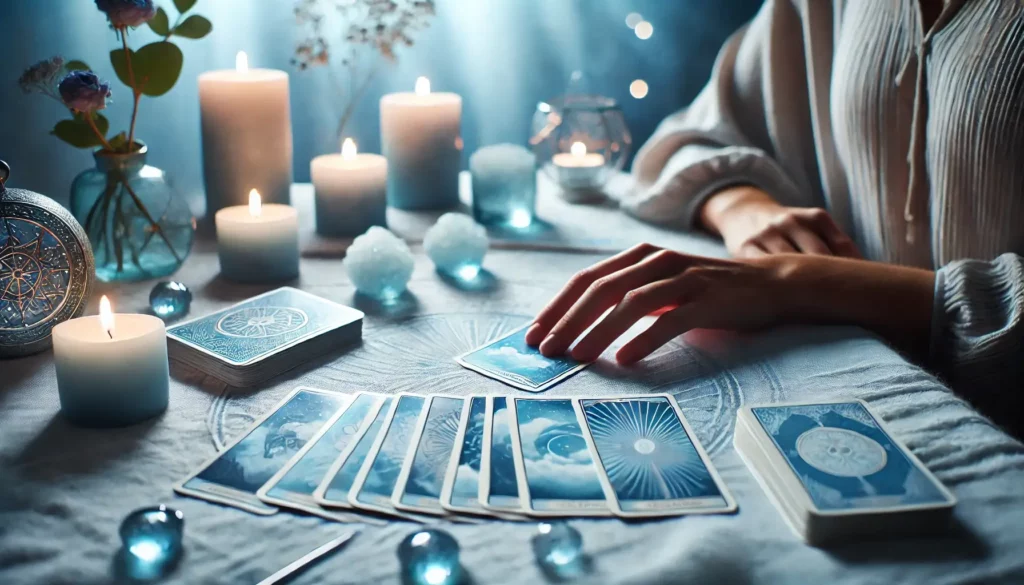 a table with tarot cards laid out whilst someone asks the cards questions about their life.