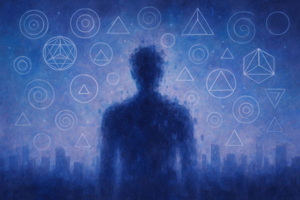 A person stands amongst overwhelming symbolic content.