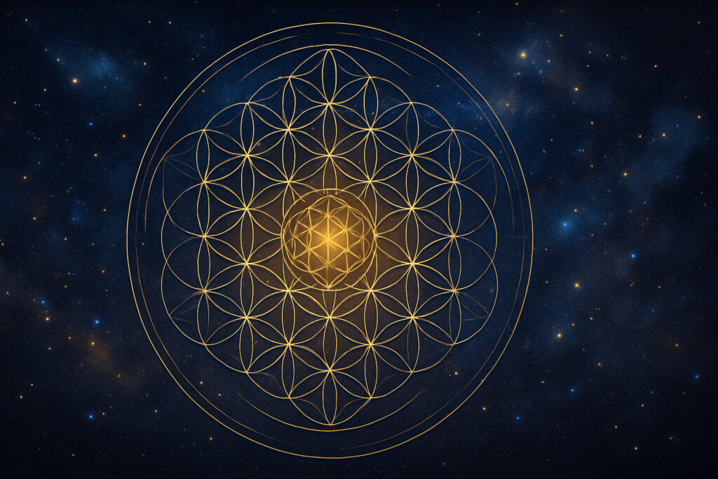 A picture of the cosmos emerging through sacred geometry in the form of overlapping circles in the pattern of the flower of life.