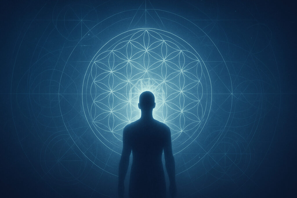 A figure stands in front of a mandala of the flower of life sacred geometry pattern.