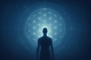 A figure stands in front of a mandala of the flower of life sacred geometry pattern.