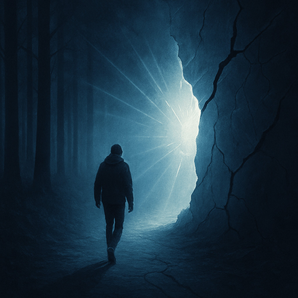 A man walking through a dark forest towards the light.