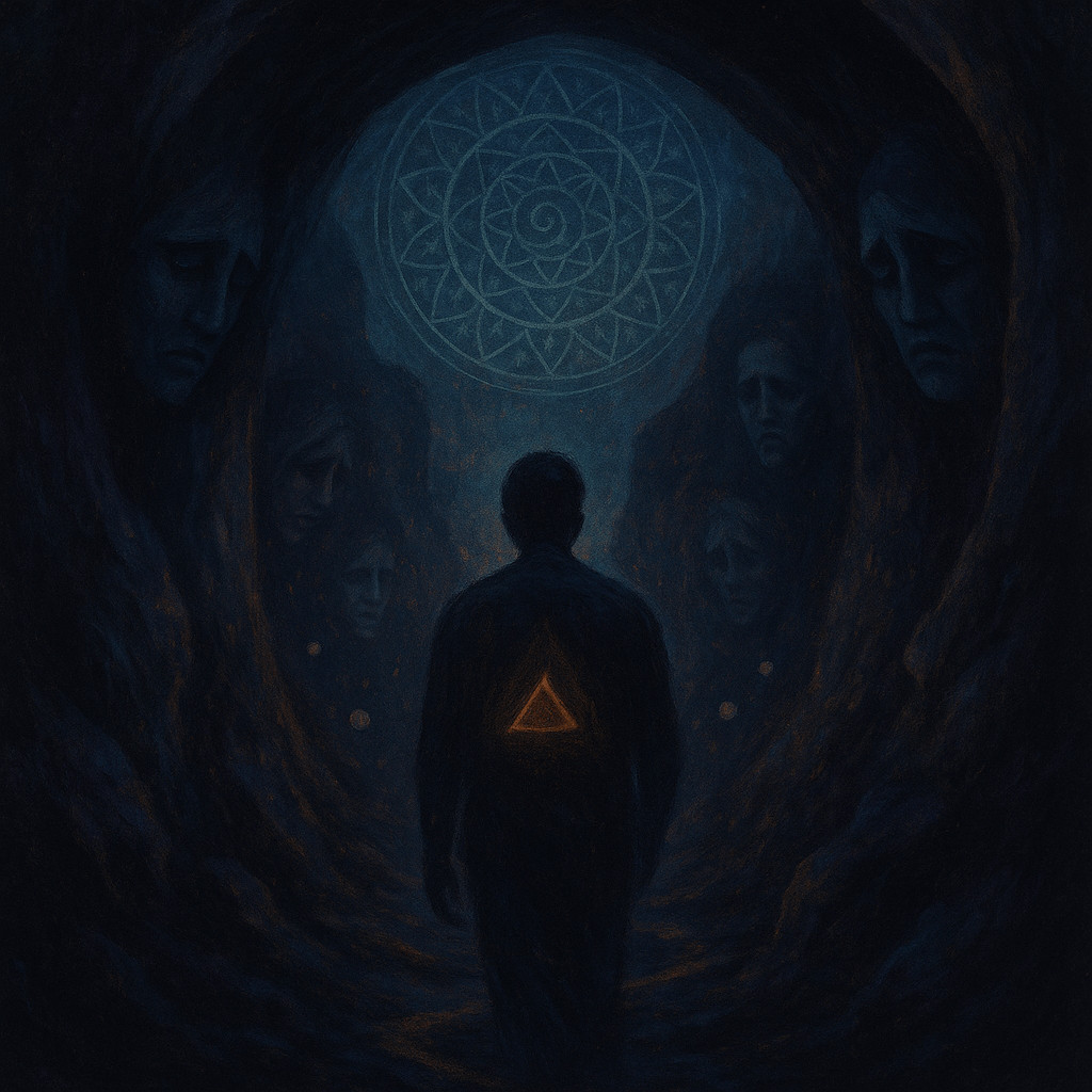 A person in the underworld facing ghosts of trauma and pain.