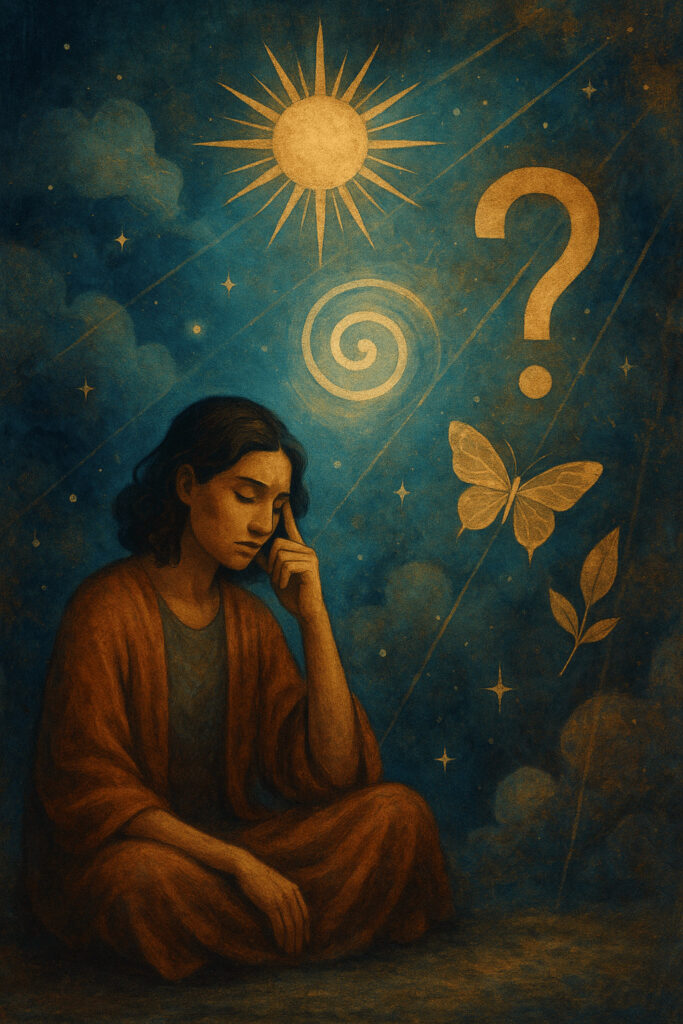 A person in meditation. above floats symbols of the spiritual - a butterfly, a spiral and a question mark. 