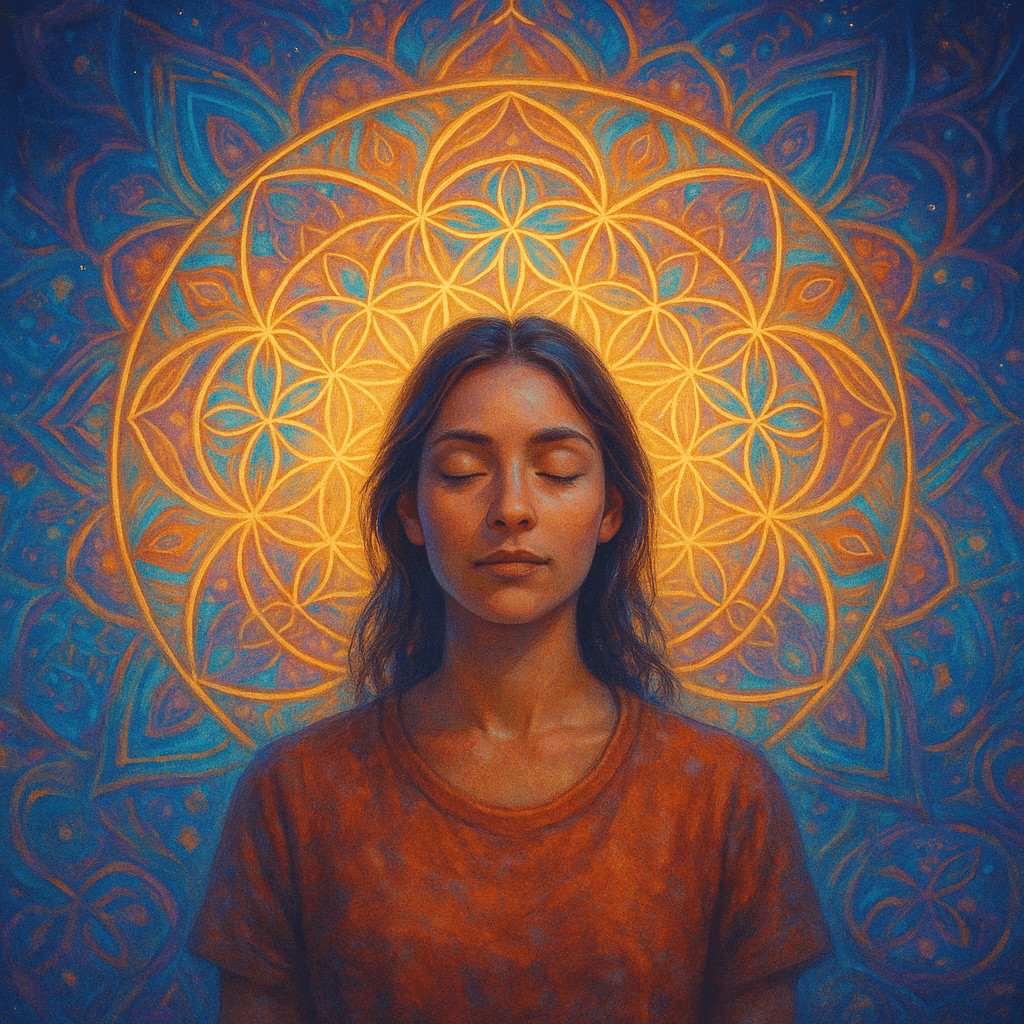 A person in meditation perceiving the deeper patterns of manadalas in reality.