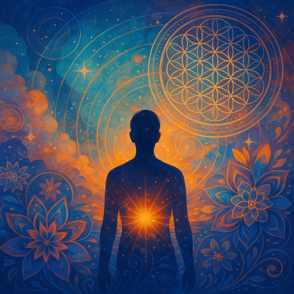 a person surrounded by images of spiritual beauty -- lotuses, sunshine, sacred geometry. 