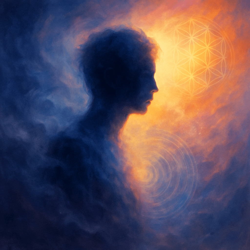 A person in side profile. Behind them is darkness. Infront is light a sacred geometry.