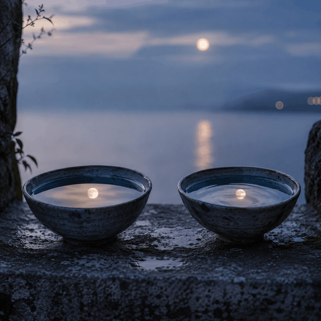 Two water-filled ceramic bowls reflect the same moon at twilight, symbolising Life Path 2’s sacred balance between shared connection and two distinct selves.