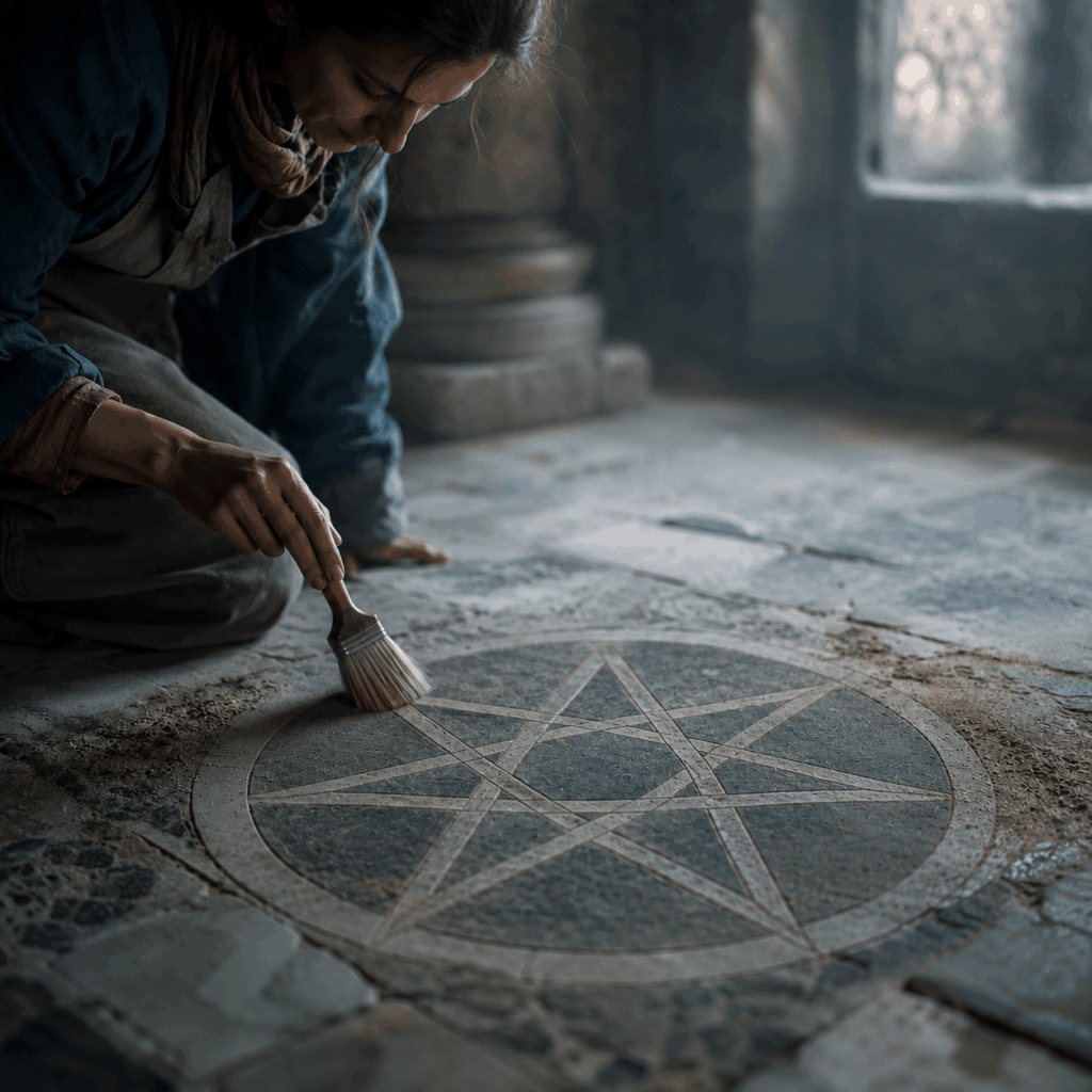 A conservator brushes dust from a worn seven-pointed star in an ancient stone floor, symbolising Life Path 7 revealing hidden order through patient attention.