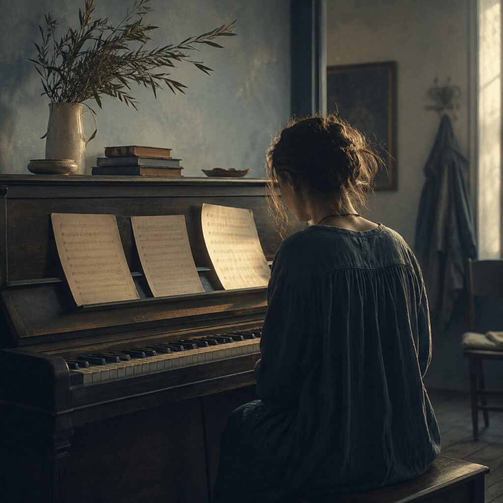 Woman seated at an upright piano in soft natural light, studying three sheets of music, symbolising Life Path 3’s search for the feeling, image or idea that is ready to find a voice and become visible.
