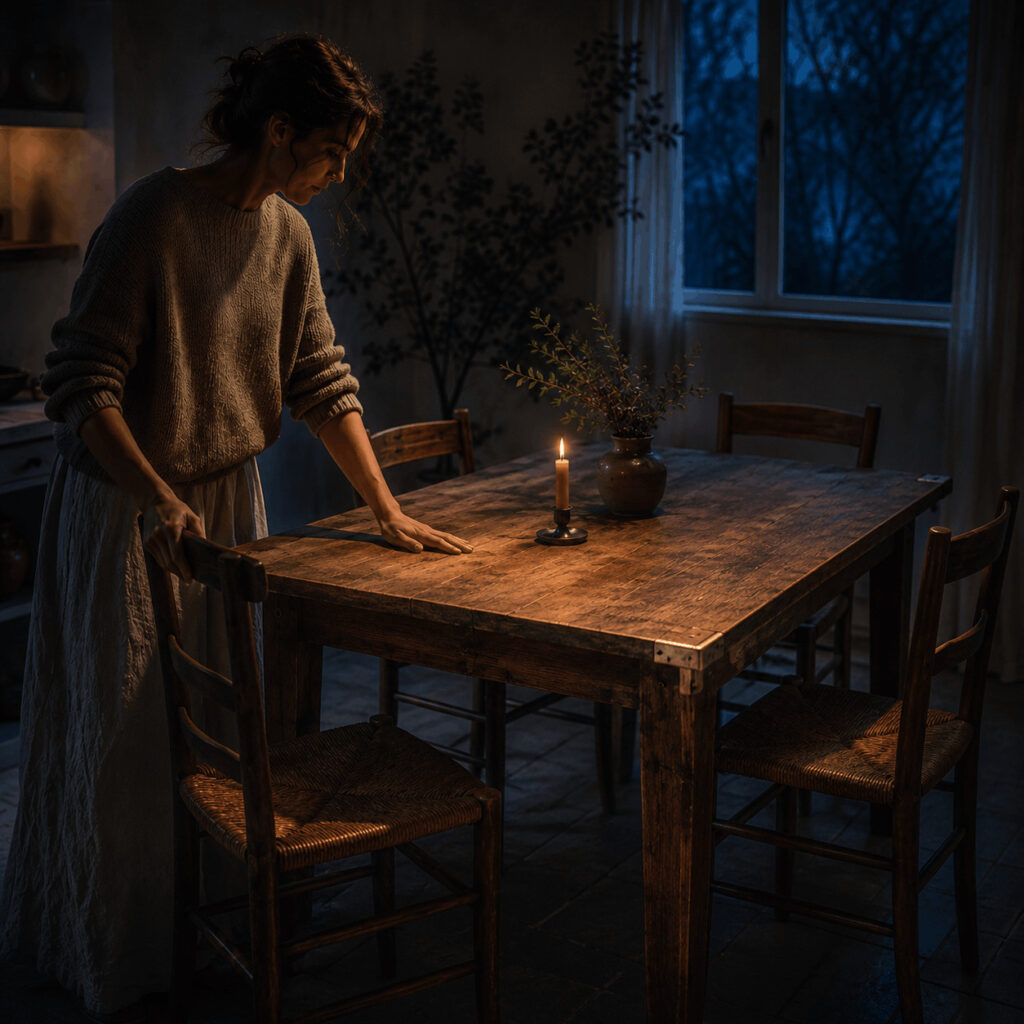 A woman steadies an old wooden table in a softly candlelit room, symbolising Life Path 4 as the path of building trustworthy forms that support life without restricting it.