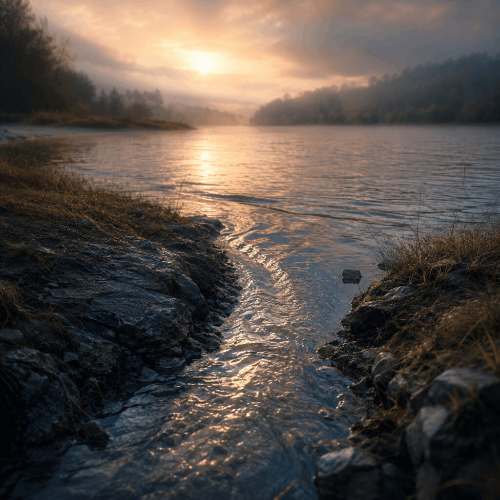 A narrow stream flowing into a wider river at sunrise, symbolising Life Path 1 offering personal will to a larger purpose without losing its direction.