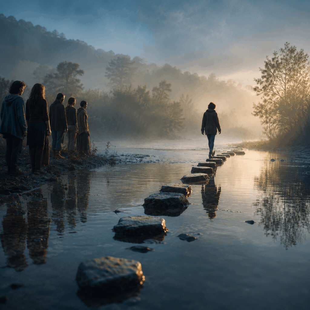 A lone person steps first across stones in a misty river at dawn while a small group waits on the bank, symbolising the sacred risk of going first.