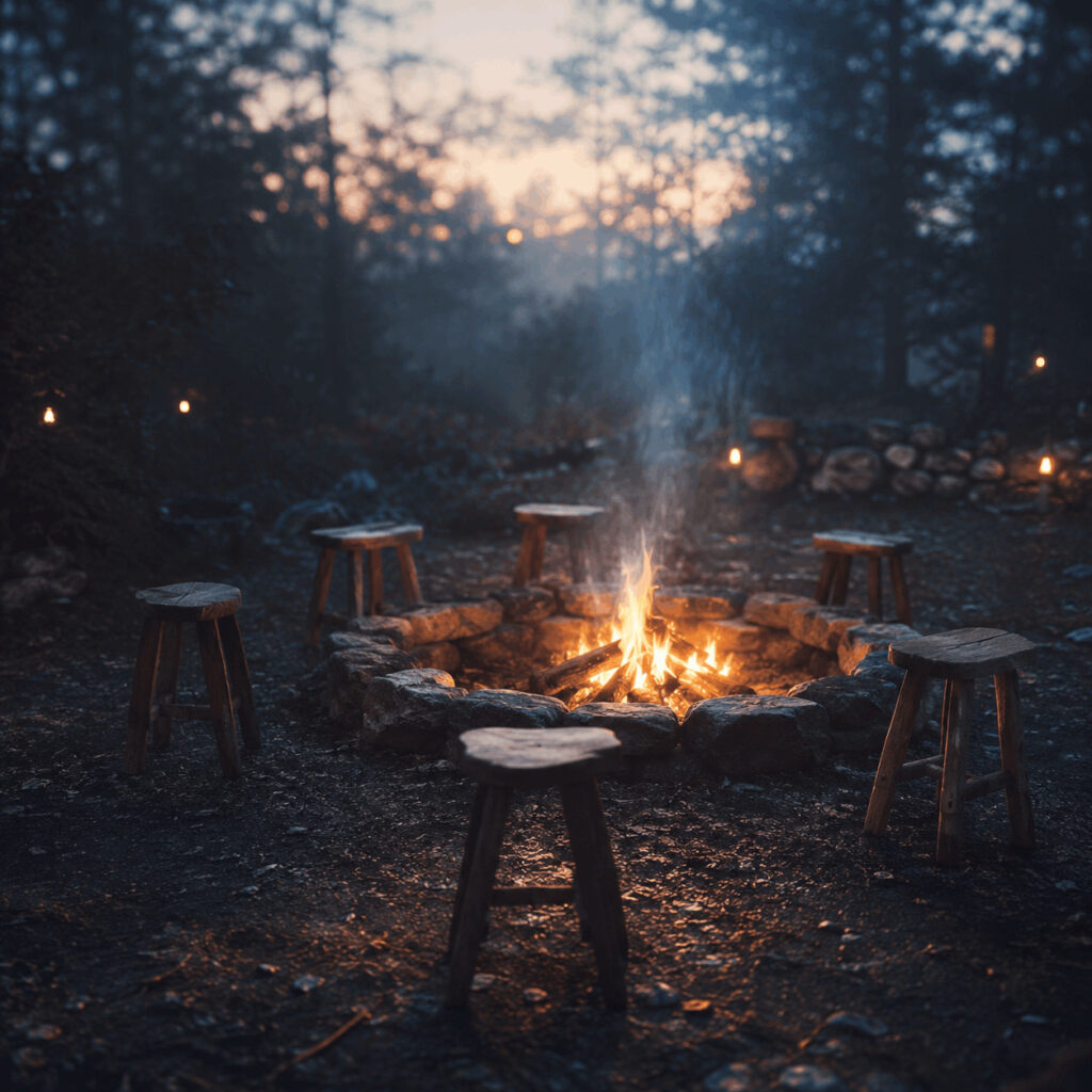An empty circle of wooden stools gathered around a glowing fire at dusk, symbolising the honest, welcoming environments where Life Path 1 initiative can flourish.