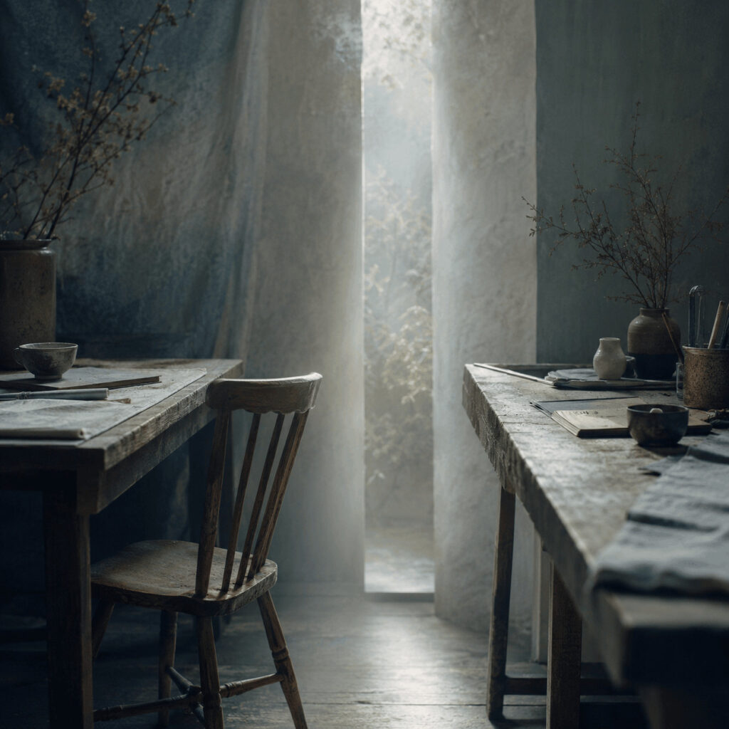 Two rustic worktables sit apart with a narrow beam of light between them, symbolising Life Path 2’s gift for sensing and translating the hidden disconnect between people or teams.