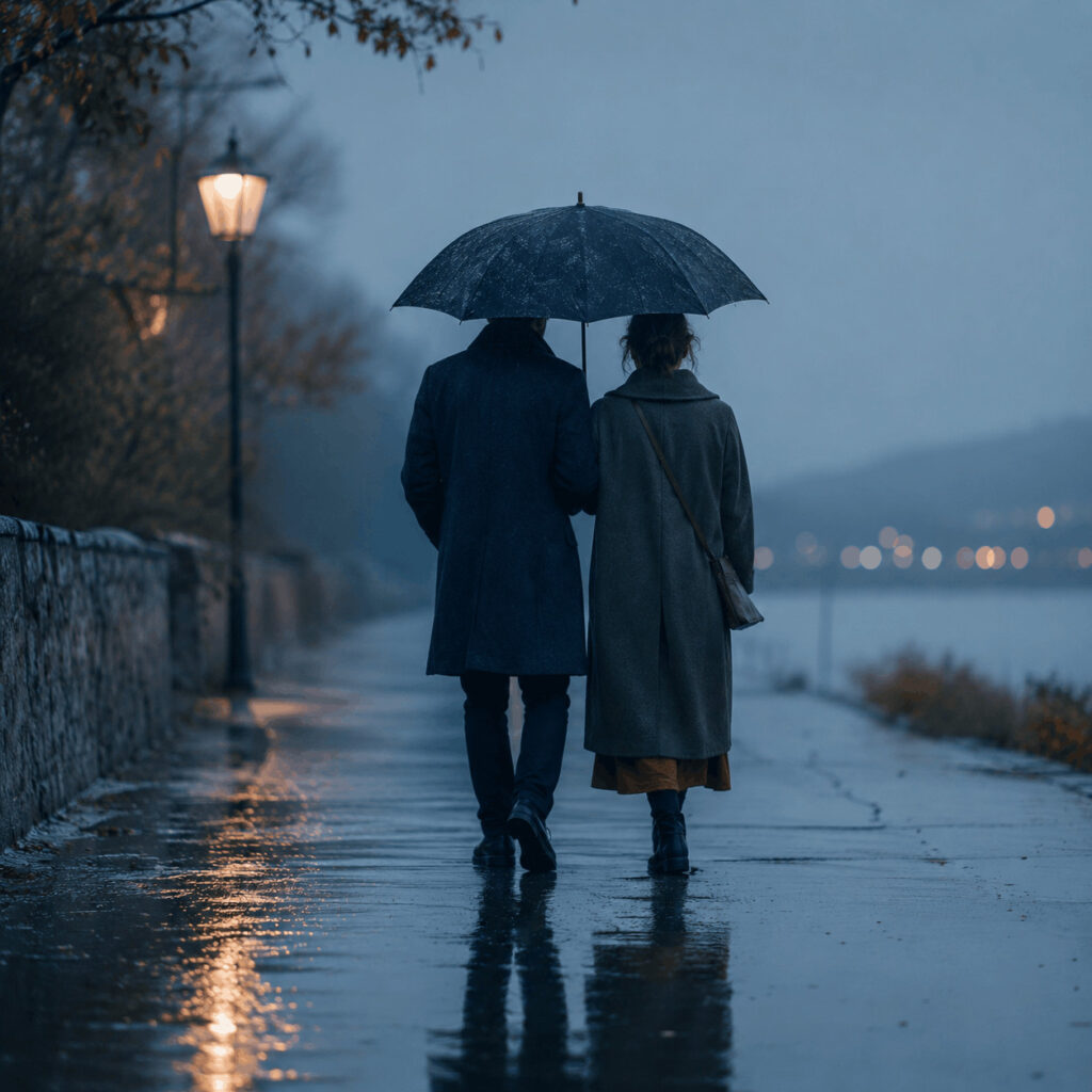 Two people walk beneath one umbrella along a rain-soaked path at dusk, symbolising Life Path 2’s gift for shared shelter, intimacy and connection without surrendering individuality.