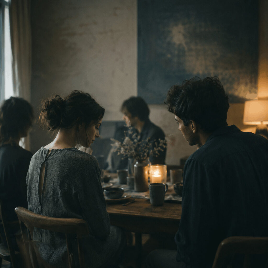 At a softly lit gathering, one person turns towards another who has fallen quiet, symbolising Life Path 2’s gift for noticing who has been overlooked and making them feel gently received.