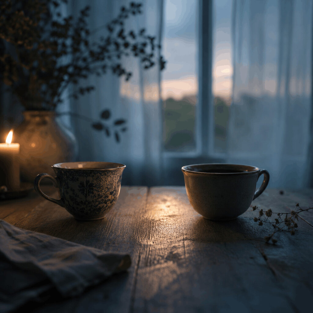 Two contrasting ceramic cups face one another across a softly lit wooden table, symbolising Life Path 2 love as intimacy between two distinct voices that remain present in the relationship.