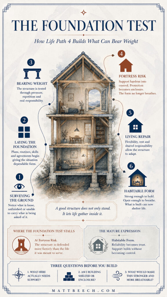 Infographic showing The Foundation Test for Life Path 4, with six stages moving through a cutaway house from surveying the ground and laying foundations to fortress risk, living repair and habitable form.