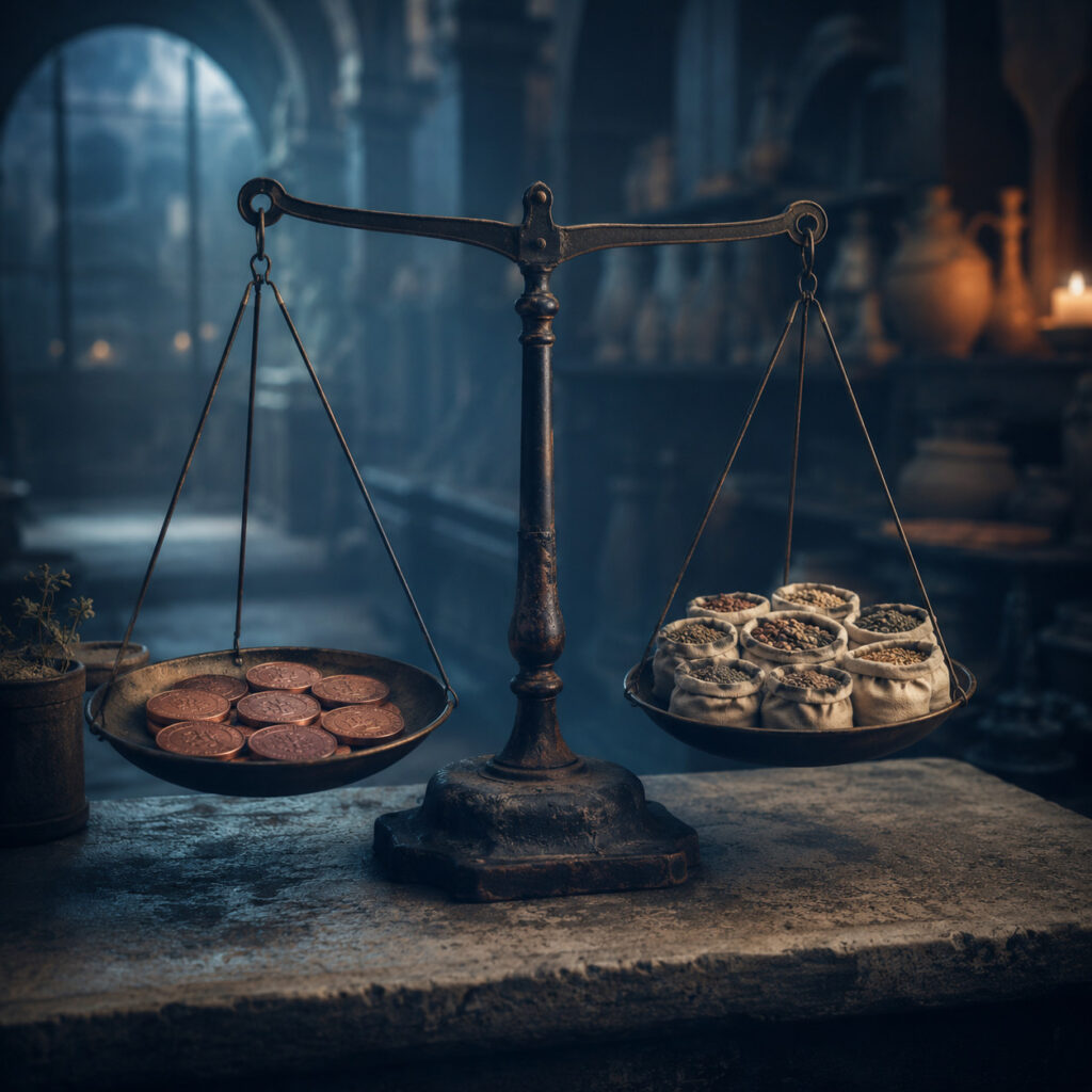 An antique balance scale weighing coins against eight small seed sacks, symbolising Life Path 8 learning to balance money, value, exchange and future growth.