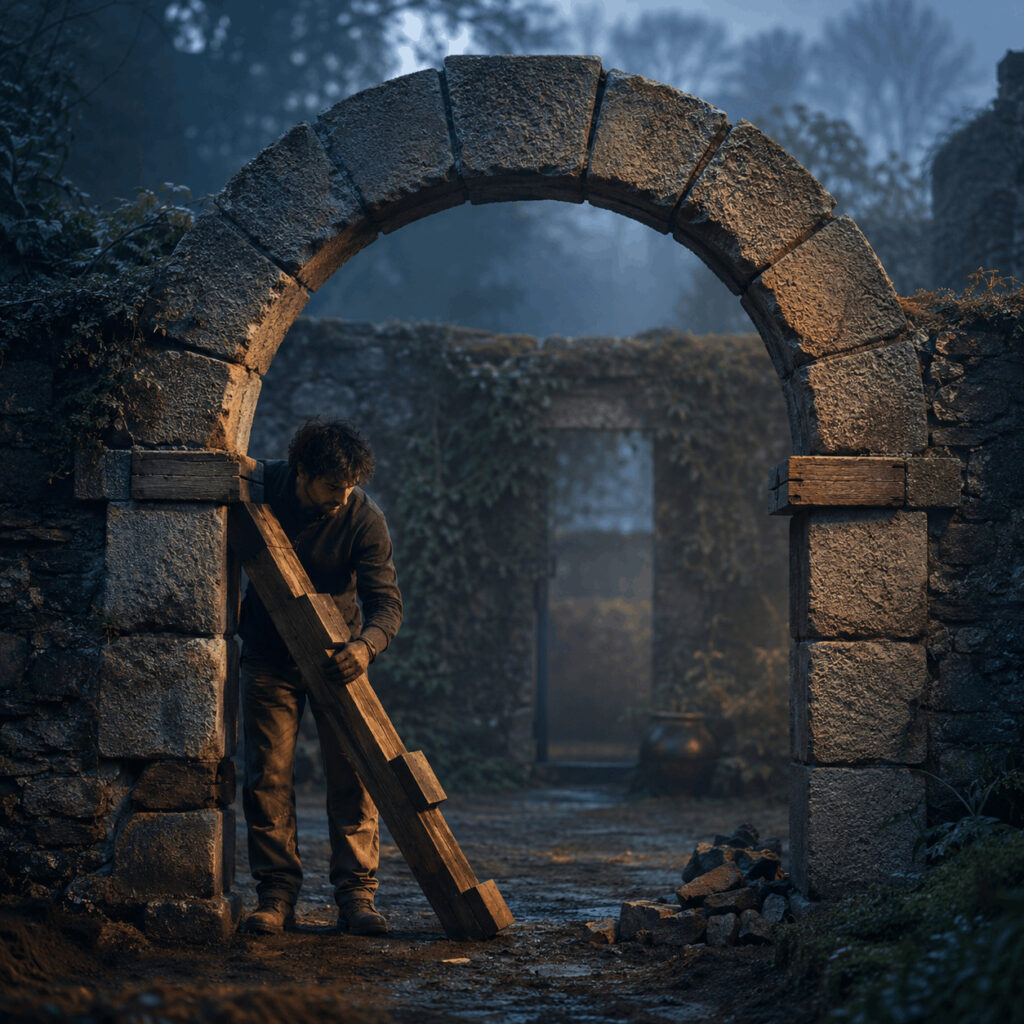 A man removes a wooden support from beneath a repaired stone arch in a misty courtyard, symbolising Life Path 4 careers as the work of building trustworthy structures that can carry real weight without depending on one person forever.