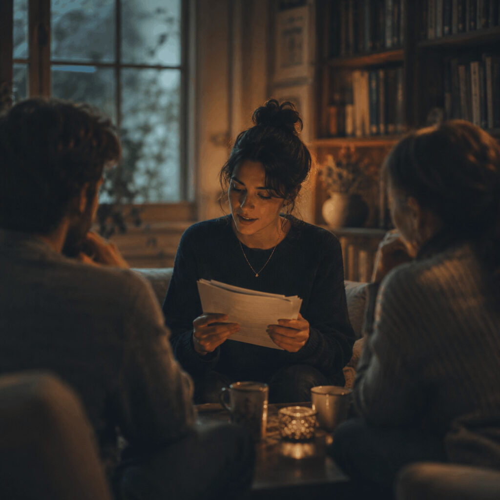 Woman reading a personal story aloud to two listeners in a softly lit living room, symbolising Life Path 3’s movement from private experience into shared expression that helps others feel seen.