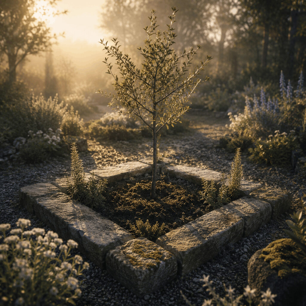 A young tree grows within a square border of weathered stones in a softly lit garden, symbolising Life Path 4 through grounded form, stability and structure that allows life to grow.