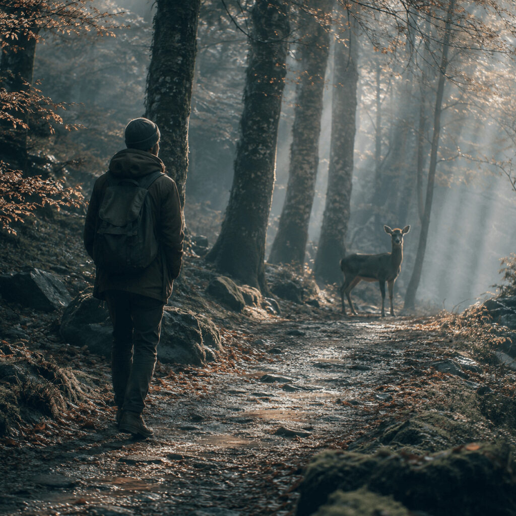 A traveller pauses on a misty woodland path as a deer looks back through shafts of morning light, symbolising Life Path 5 as a mutual encounter with a living world.