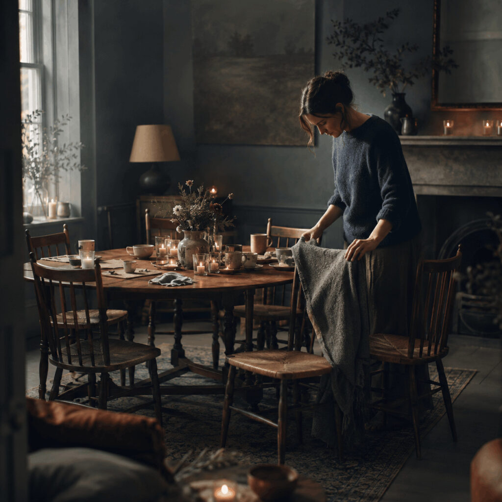 A woman straightens a blanket over a dining chair after a gathering, symbolising Life Path 6’s instinct to restore warmth, beauty and care to a shared space.