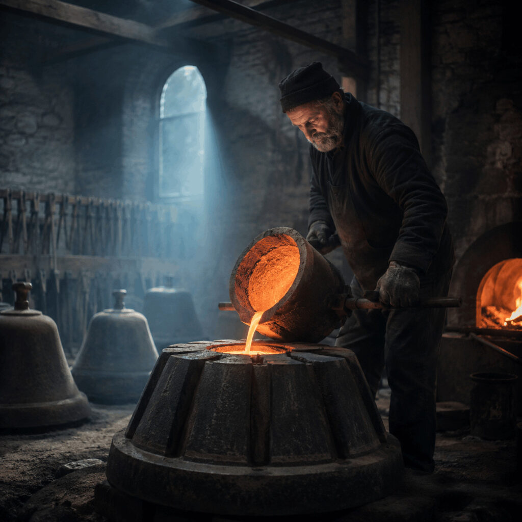 A foundry worker pouring molten metal into a bell mould, symbolising Life Path 8 turning power, ambition and intention into lasting material form.